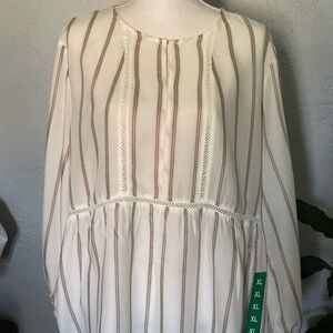 Fever cream striped babydoll tunic puffy long sleeves elastic wrist cottage core